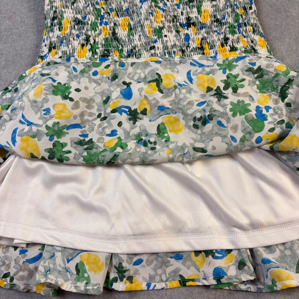 Entro Floral Smocked Waist Mini Dress Yellow Green Blue Abstract D20352 Large - Picture 3 of 12
